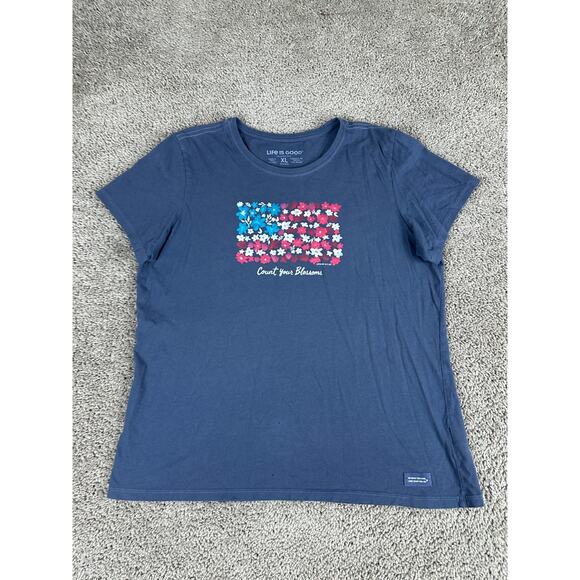 Life Is Good Shirt Womens Extra Large Blue Flower Flag Print Count Your Blossoms - Picture 1 of 10